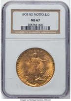 1908 $20 NO MOTTO Saint-Gaudens Double Eagle NGC MS67 (776141090)