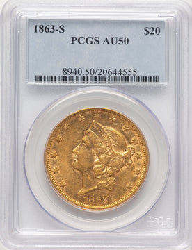 1863-S $20 Liberty Double Eagle PCGS AU50