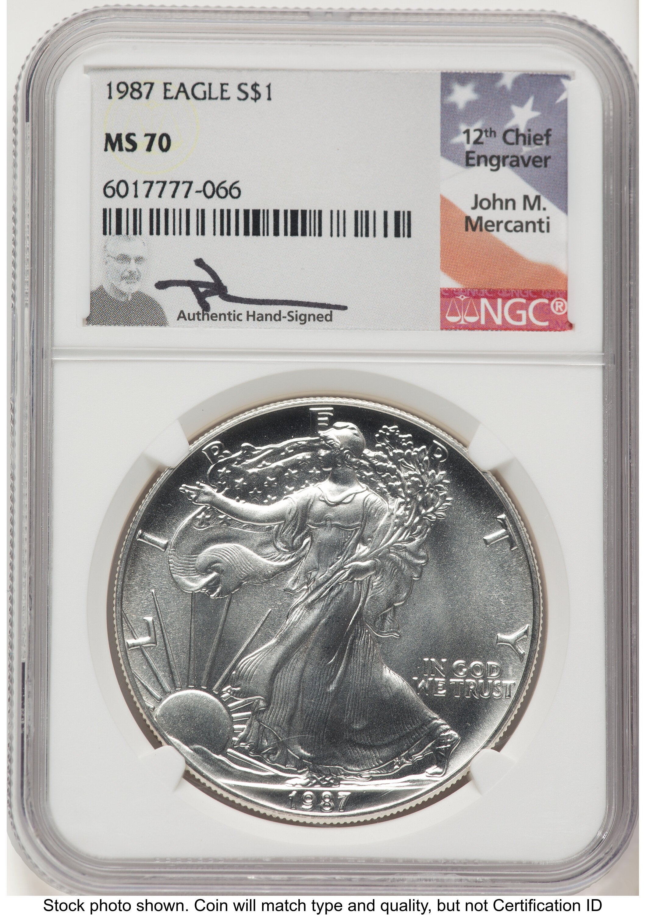 1987 Silver Eagle John NGC MS70 Mercanti