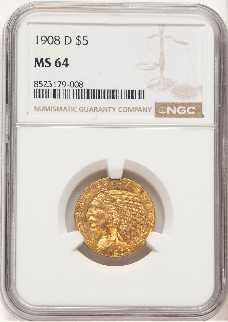 1908-D $5 Indian Half Eagle NGC MS64 (776679012)