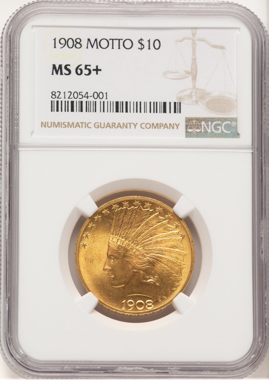 1908 $10 MOTTO Indian Eagle NGC MS65+