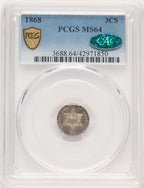 1868 3CS CAC Blue Gradient Three Cent Silver PCGS MS64