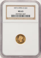 1873 G$1 OPEN 3 Gold Dollar NGC MS63