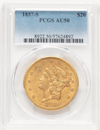 1857-S $20 Liberty Double Eagle PCGS AU50