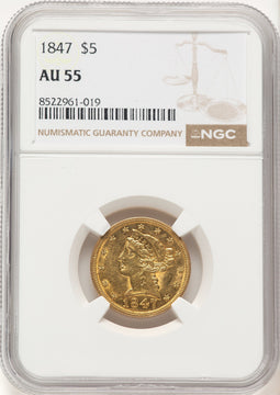 1847 $5 Liberty Half Eagle NGC AU55
