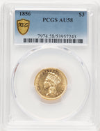 1856 $3 Three Dollar Gold Pieces PCGS AU58