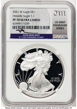 2021-W TY1 Proof Silver Eagle 1 oz John US Mint Engraver Series NGC PF70 Mercanti