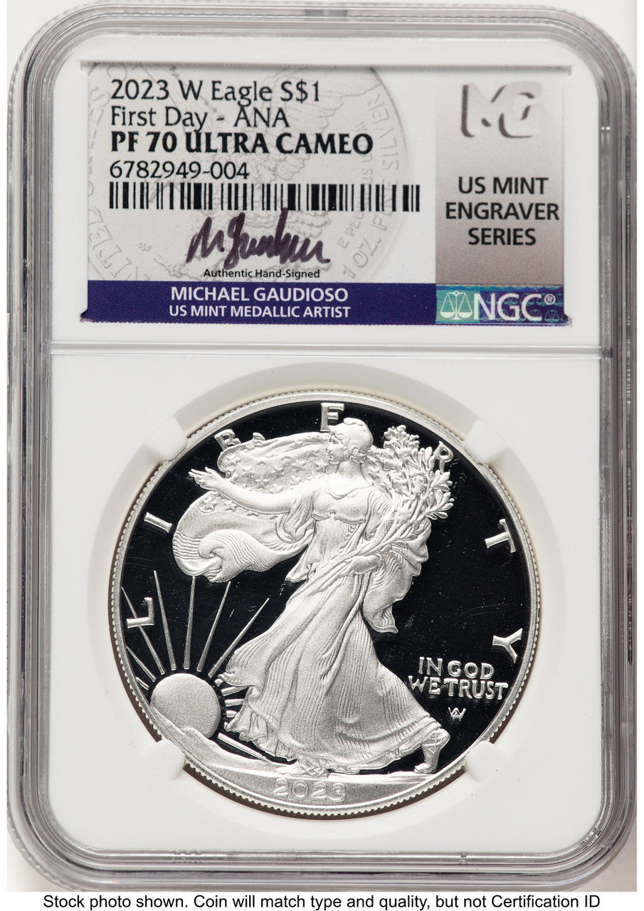 2023-W Proof Silver Eagle 1 oz FDI ANA Michael Gaudioso US Mint Engraver Series NGC PF70