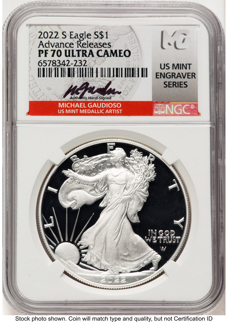 2022-S Proof Silver Eagle 1 oz AR Michael Gaudioso US Mint Engraver Series NGC PF70