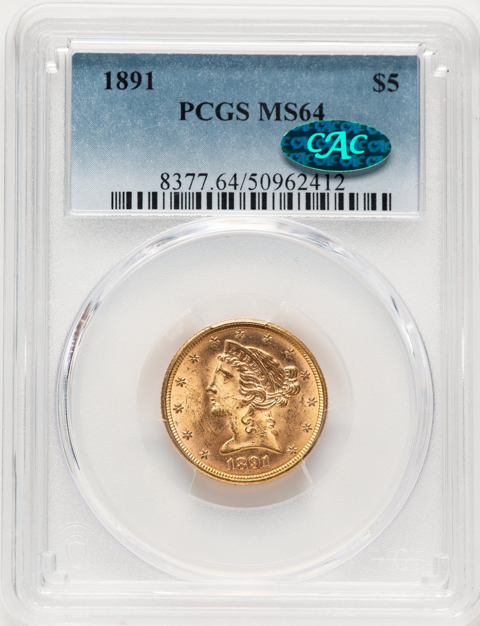 1891 $5 CAC Liberty Half Eagle PCGS MS64