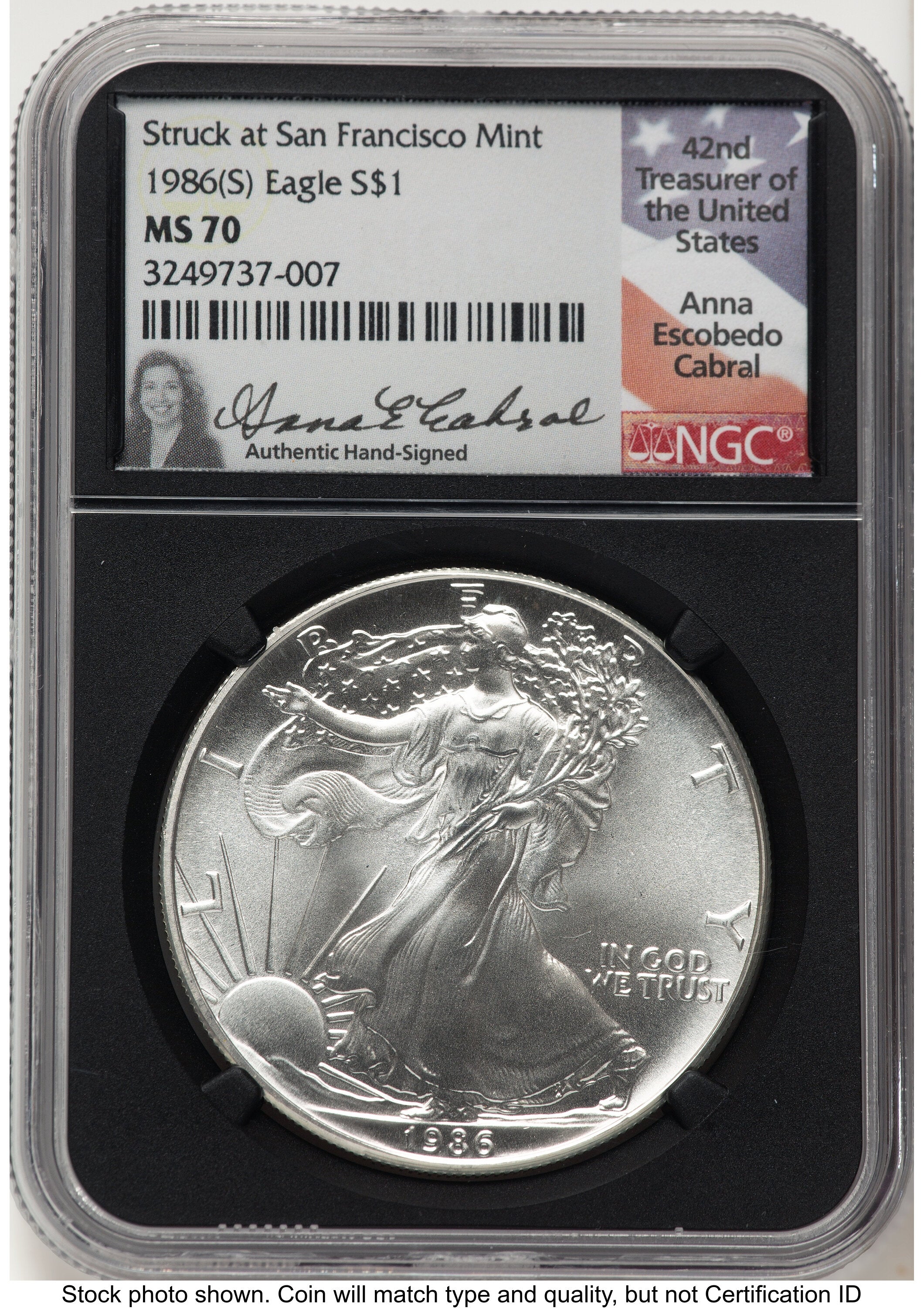 1986-(S) Silver Eagle Anna Cabral NGC MS70