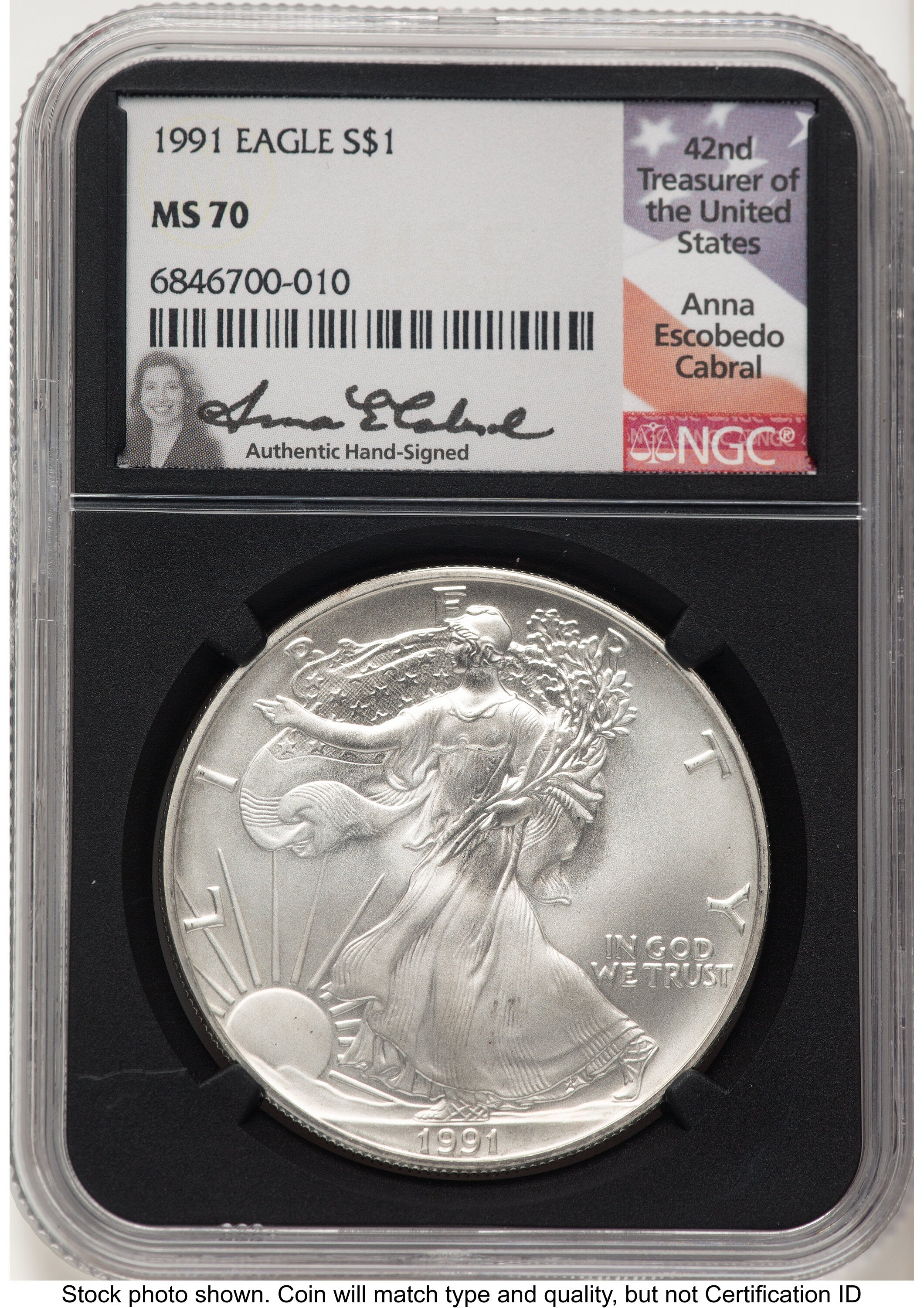 1991 Silver Eagle Anna Cabral NGC MS70