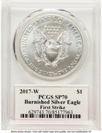 2017-W Burnished Silver Eagle 1 oz FS John Bridge PCGS MS70 Mercanti