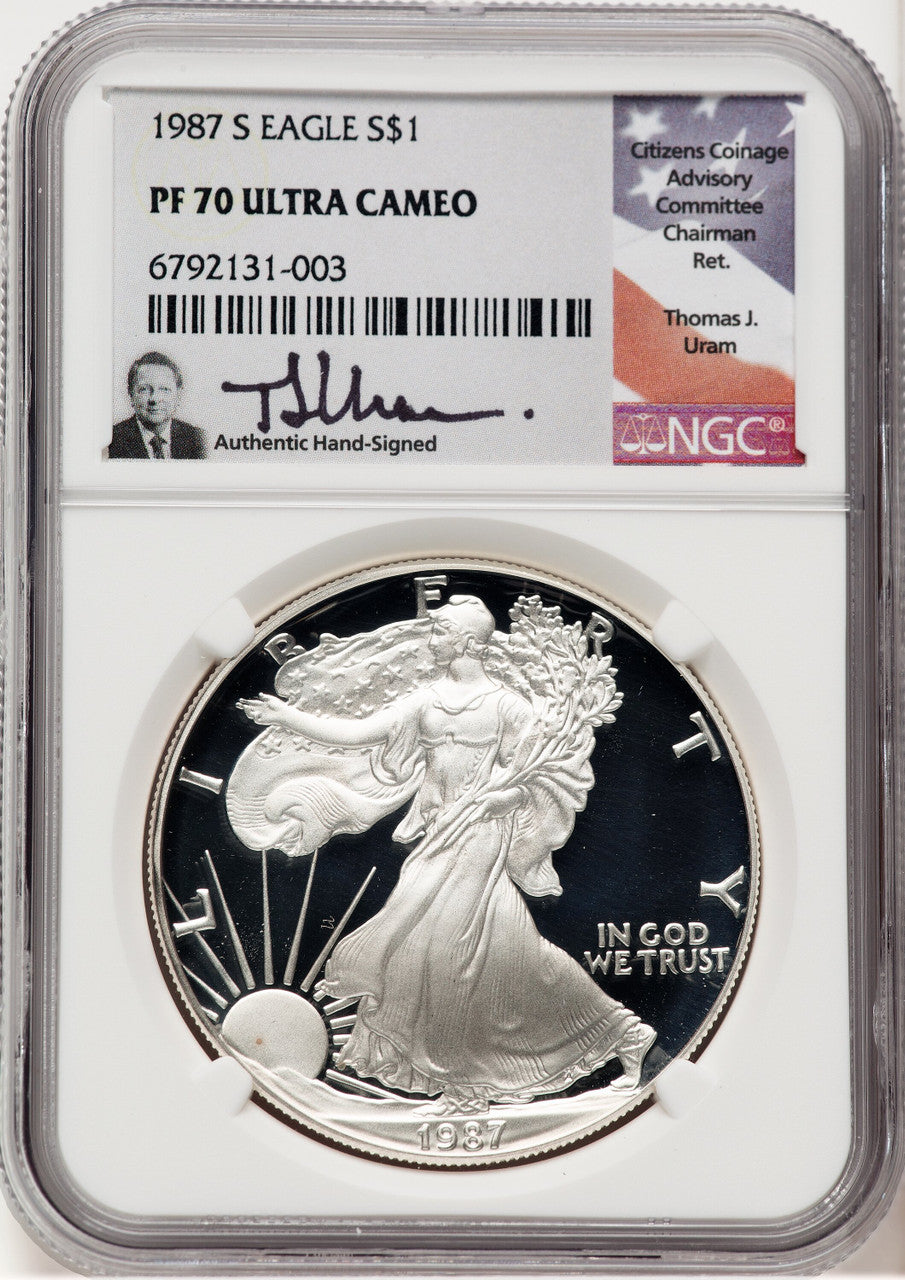 1987-S Proof Silver Eagle 1 oz Thomas Uram NGC PF70