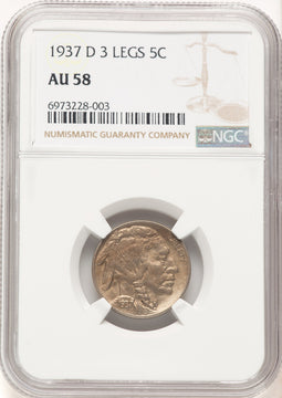 1937-D 5C Three-Legged FS-901 Buffalo Nickel NGC AU58 (777423008)