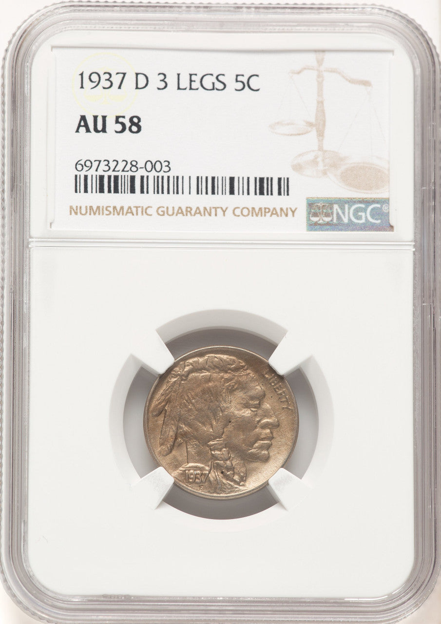 1937-D 5C Three-Legged FS-901 Buffalo Nickel NGC AU58 (777423008)