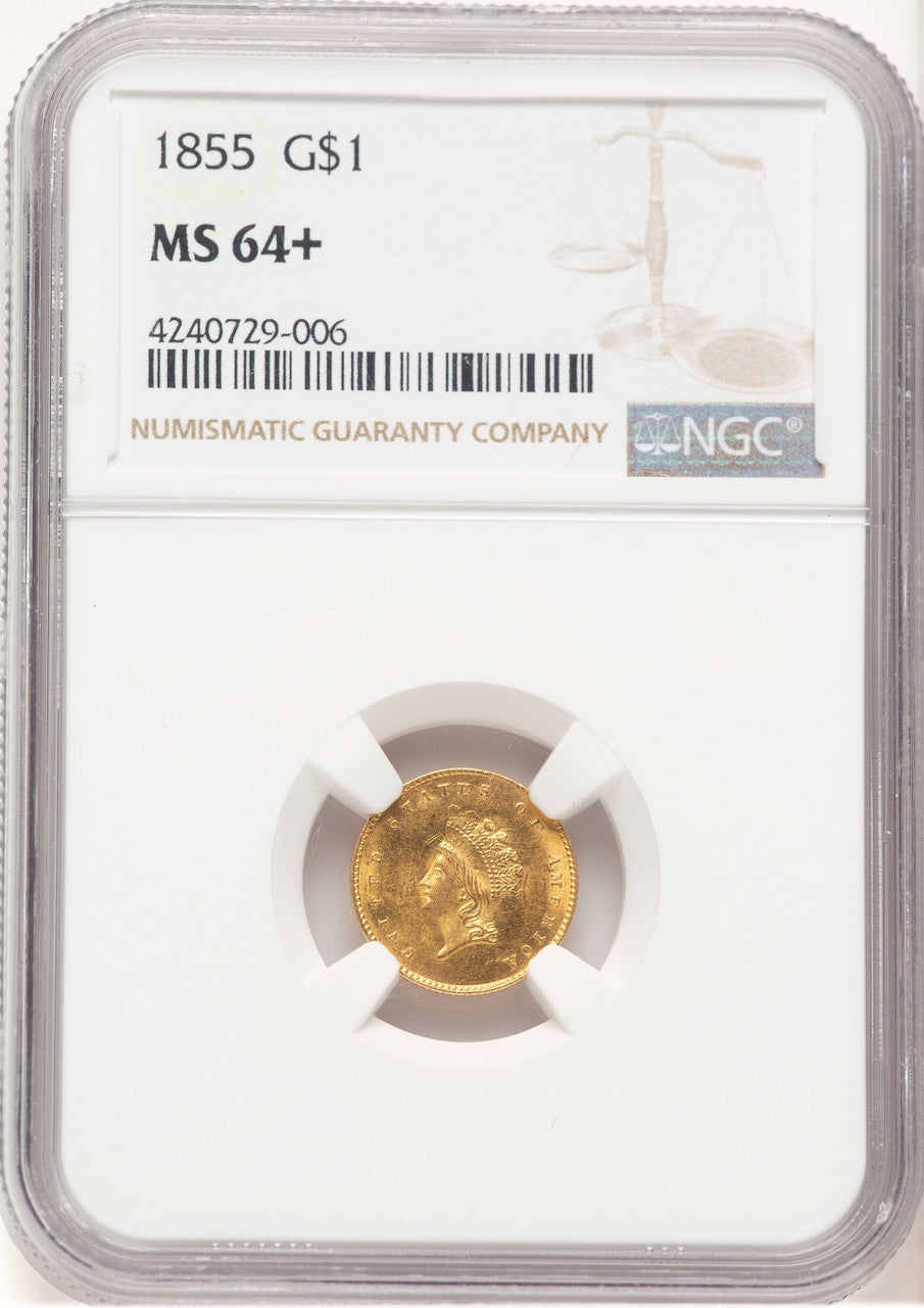 1855 G$1 Type Two Gold Dollar NGC MS64+