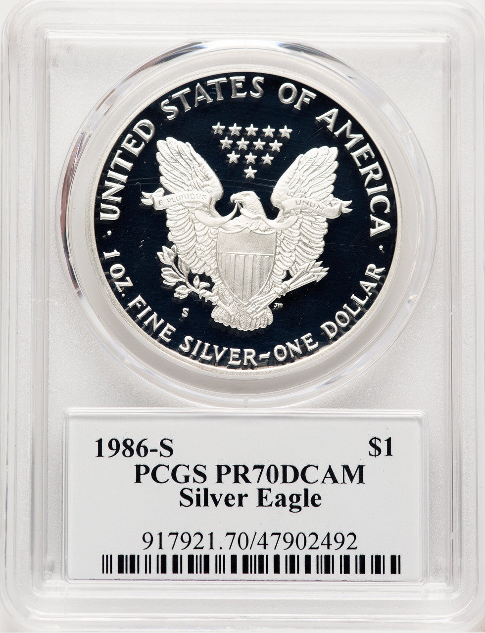 1986-S Proof Silver Eagle 1 oz David Hall PCGS PR70