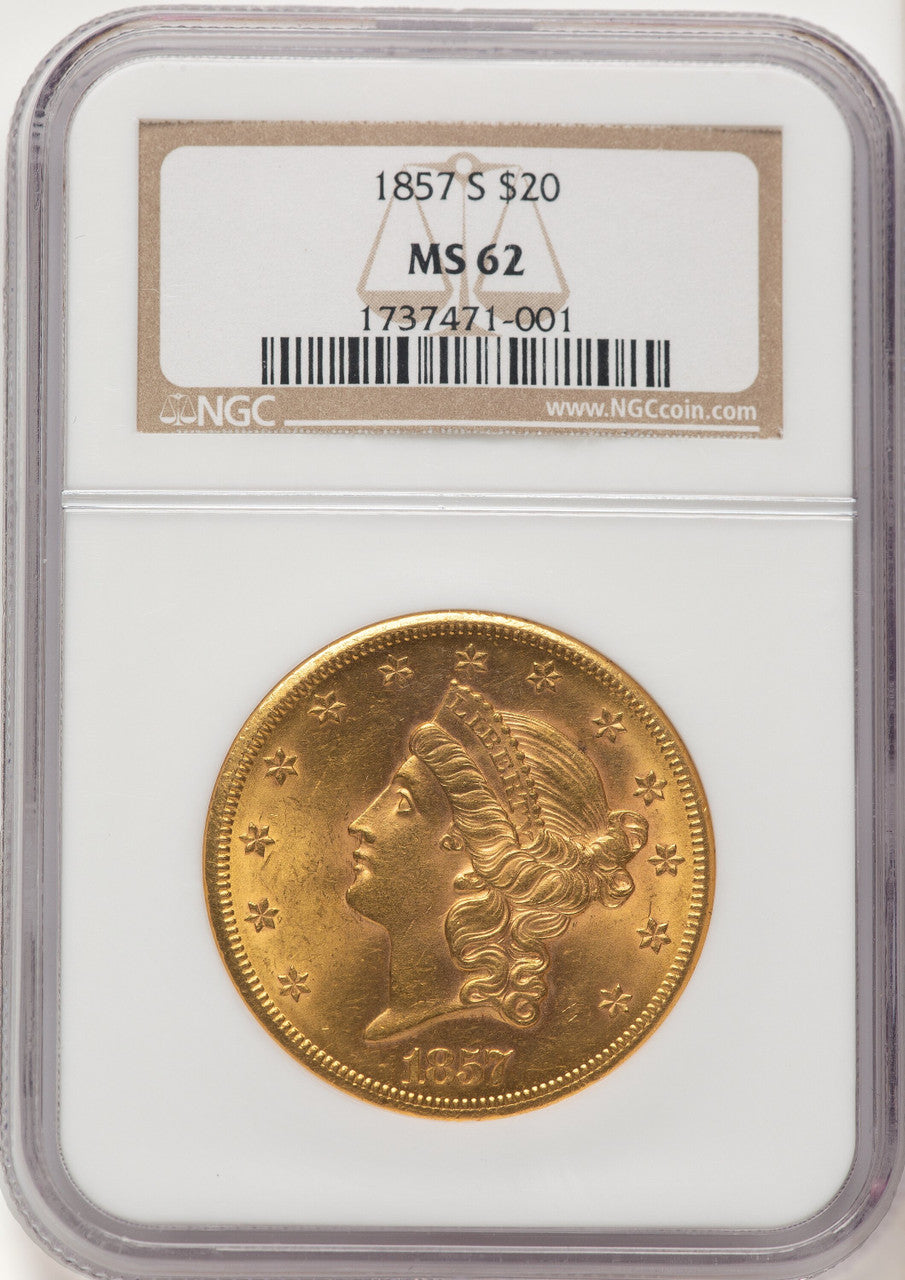 1857-S $20 Liberty Double Eagle NGC MS62