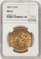 1872-S $20 Liberty Double Eagle NGC MS61
