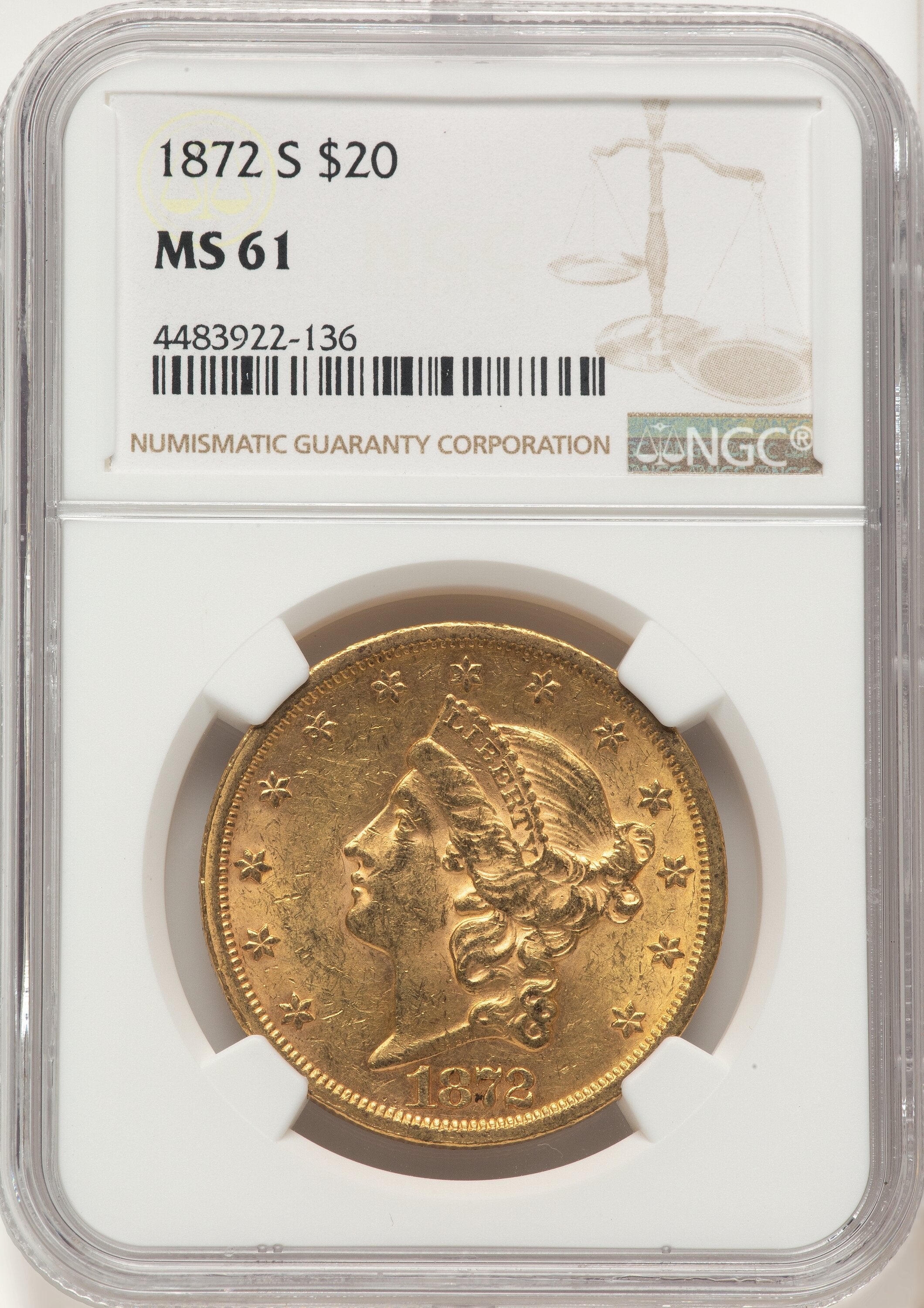 1872-S $20 Liberty Double Eagle NGC MS61