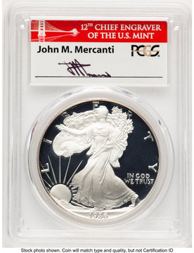 1986-S Proof Silver Eagle 1 oz John Bridge PCGS PR70 Mercanti (777573001)