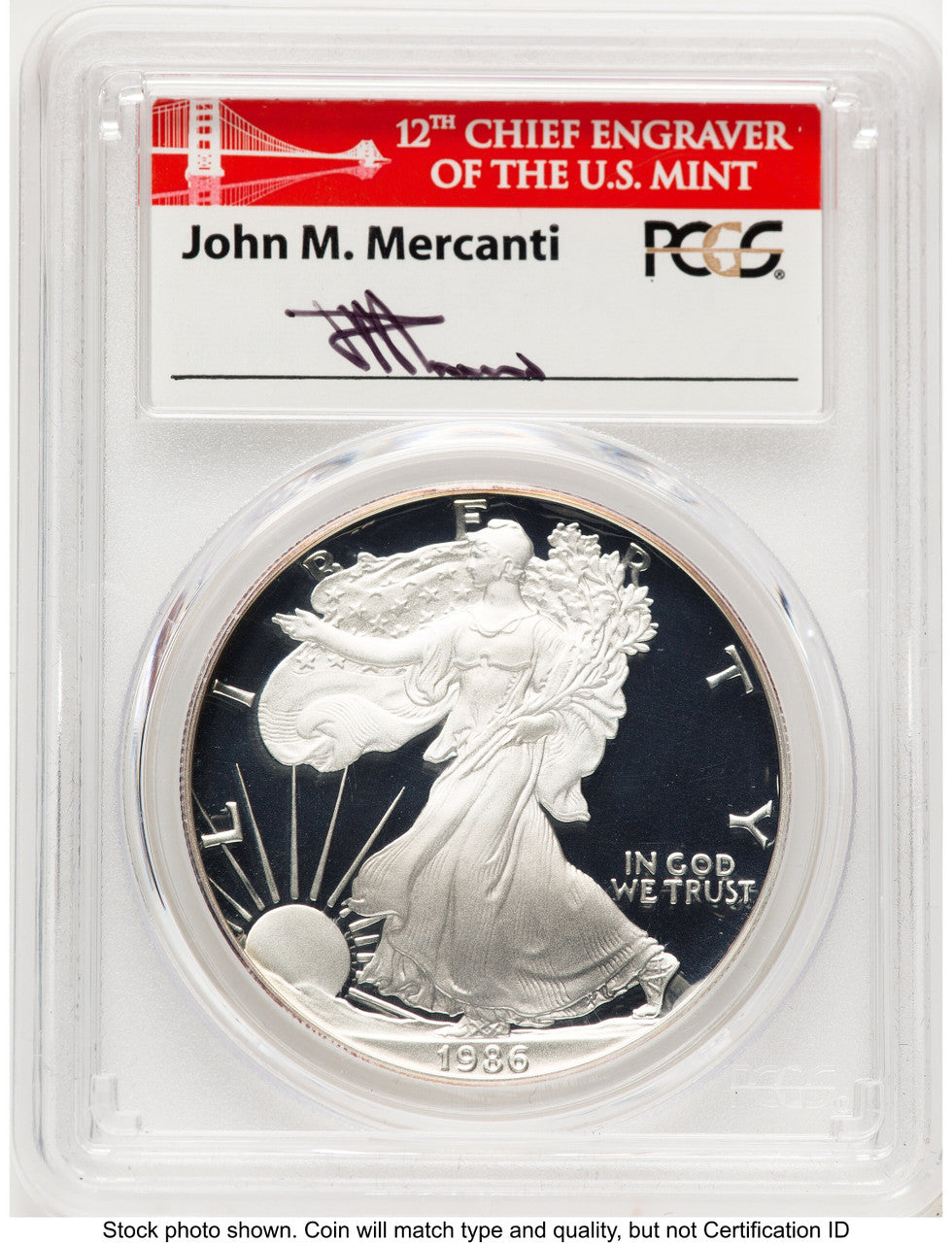 1986-S Proof Silver Eagle 1 oz John Bridge PCGS PR70 Mercanti (777573001)
