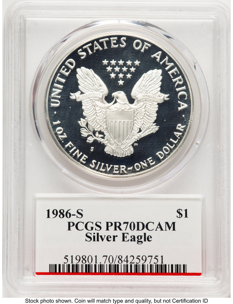 1986-S Proof Silver Eagle 1 oz John Bridge PCGS PR70 Mercanti (777573001)