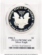 1986-S Proof Silver Eagle 1 oz David Hall PCGS PR70 (777573002)