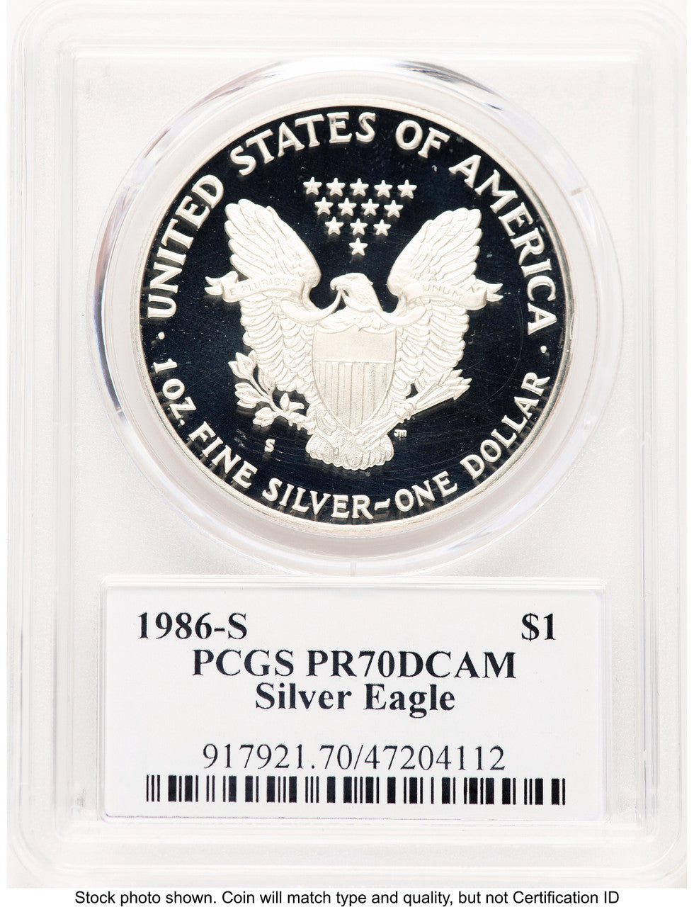 1986-S Proof Silver Eagle 1 oz David Hall PCGS PR70 (777573002)