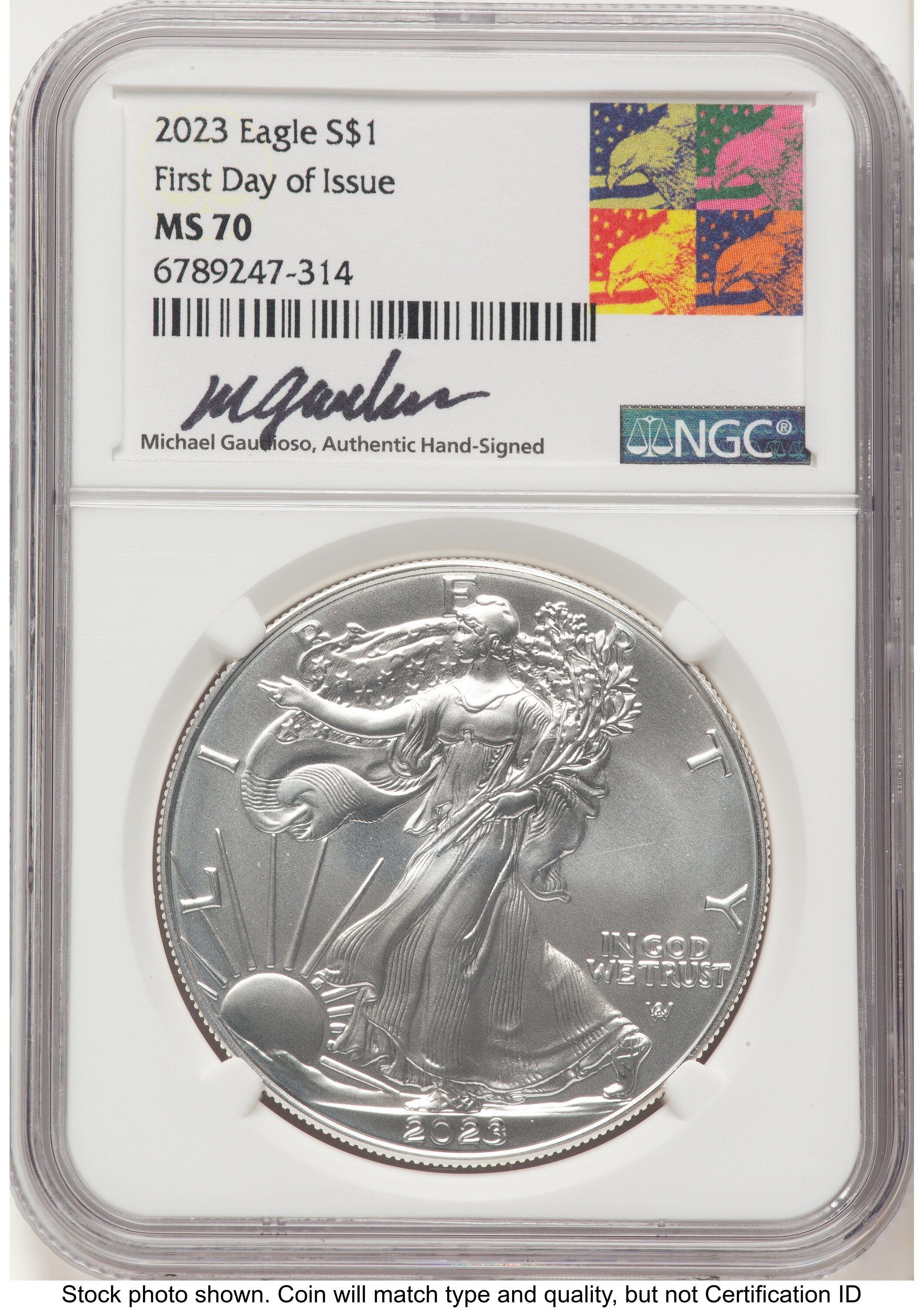 2023 Silver Eagle FDI Michael Gaudioso Eagle Art NGC MS70