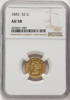 1843 $2.50 Liberty Quarter Eagle NGC AU58 (777581012)