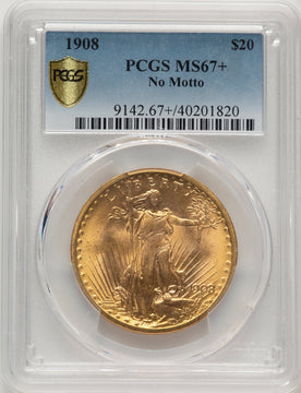 1908 $20 NO MOTTO Saint-Gaudens Double Eagle PCGS MS67+