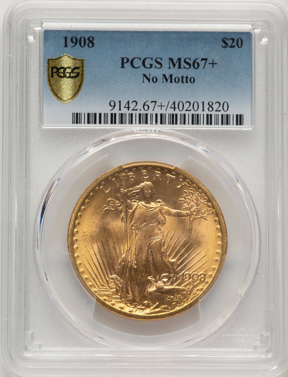 1908 $20 NO MOTTO Saint-Gaudens Double Eagle PCGS MS67+