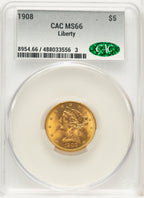 1908 $5 Liberty Liberty Half Eagle CACG MS66