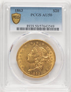 1863 $20 Liberty Double Eagle PCGS AU50