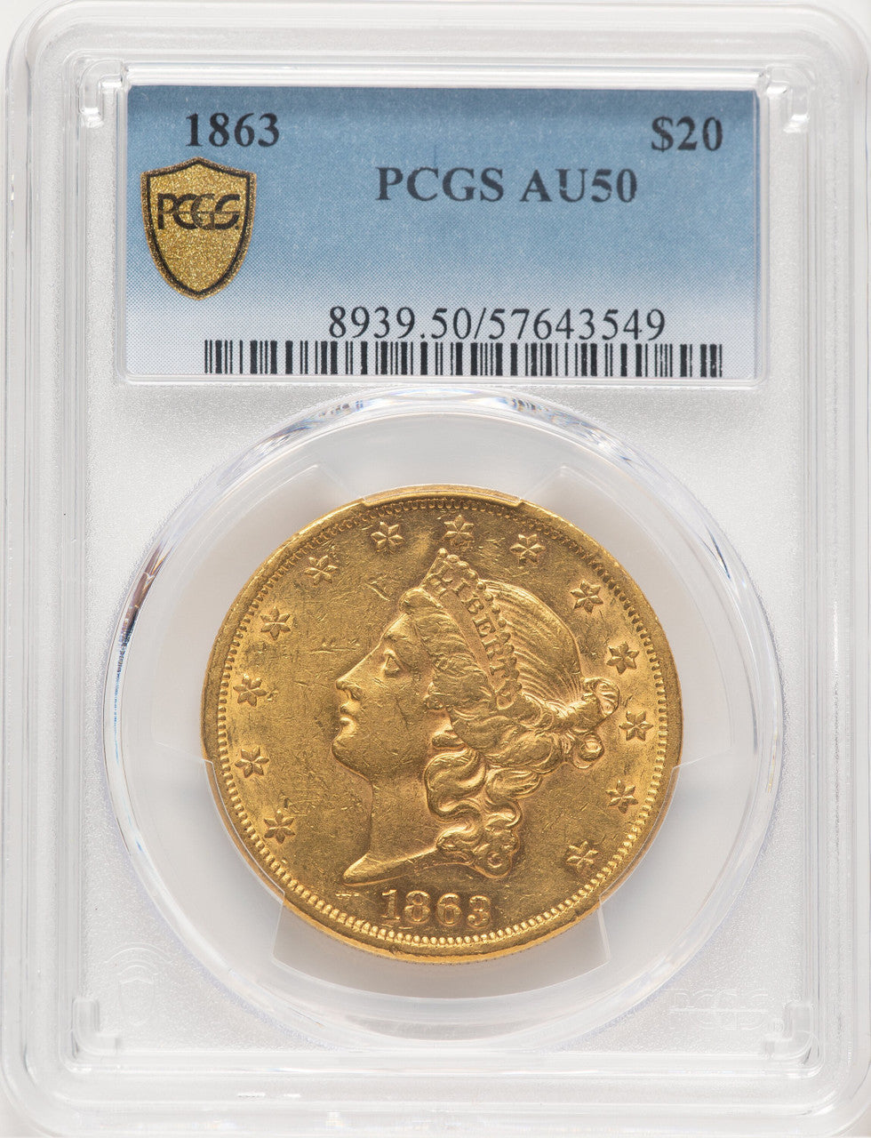 1863 $20 Liberty Double Eagle PCGS AU50