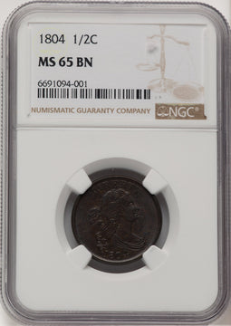 1804 1/2 C Plain 4 No Stems BN Brown Label Half Cent NGC MS65