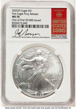 2025-(P) Silver Eagle (Privy Mark) First 50000 Jeff Garrett Red Book NGC MS70