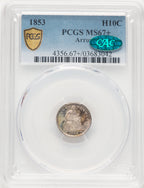 1853 H10C ARROWS CAC Seated Half Dime PCGS MS67+
