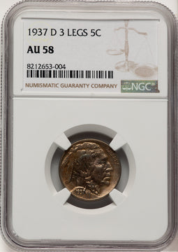 1937-D 5C Three-Legged FS-901 Buffalo Nickel NGC AU58