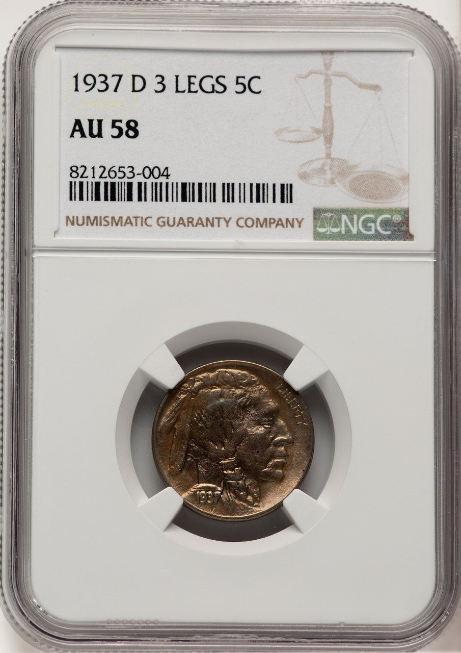 1937-D 5C Three-Legged FS-901 Buffalo Nickel NGC AU58