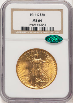 1914-S $20 CAC Saint-Gaudens Double Eagle NGC MS64