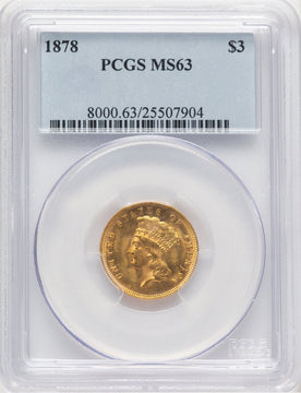 1878 $3 Three Dollar Gold Pieces PCGS MS63 (778240001)