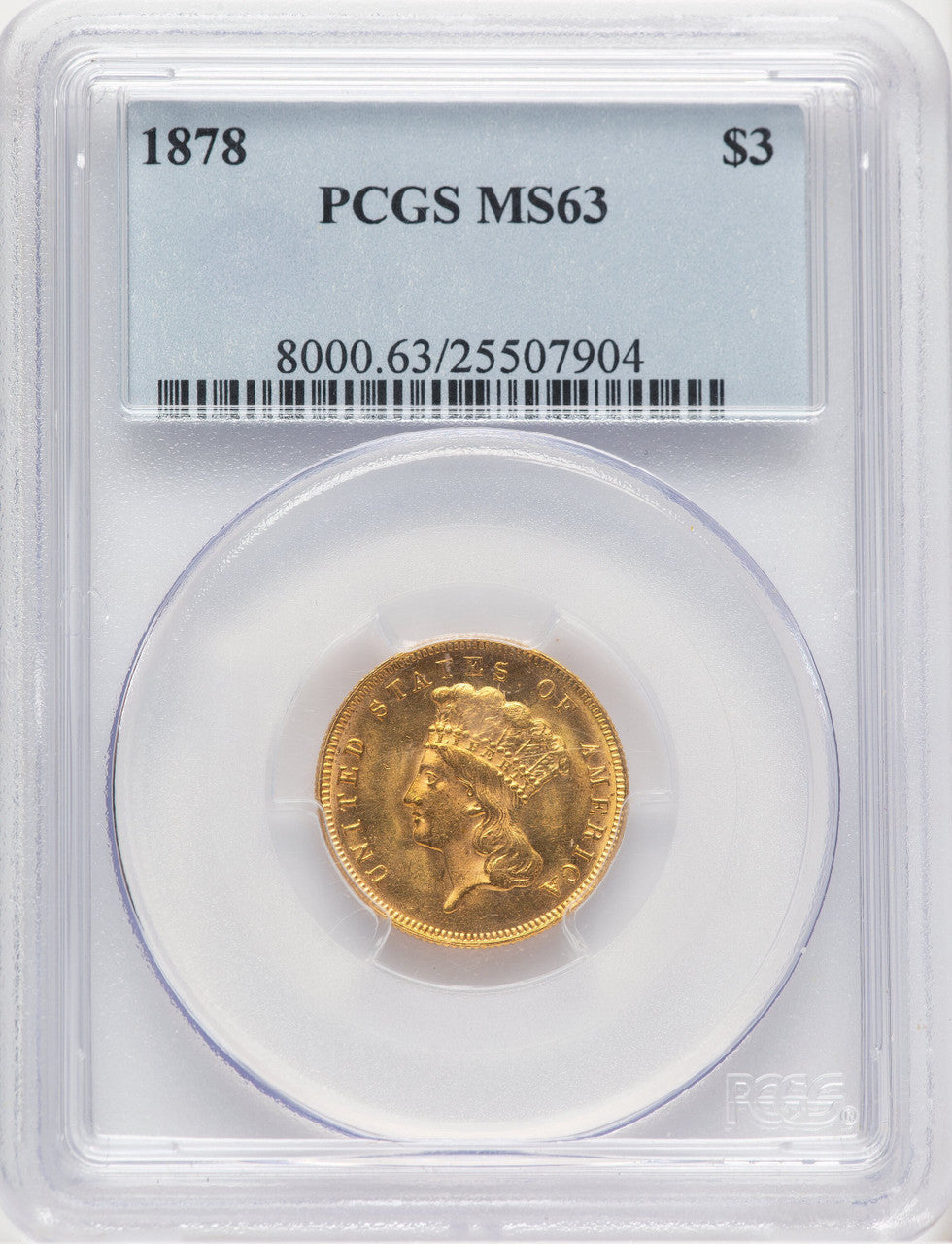 1878 $3 Three Dollar Gold Pieces PCGS MS63 (778240001)