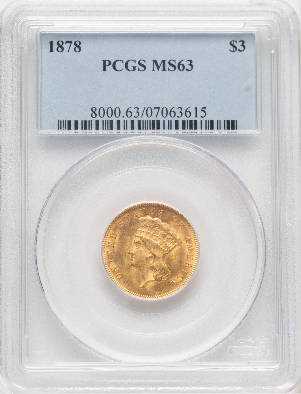 1878 $3 Three Dollar Gold Pieces PCGS MS63 (778240002)