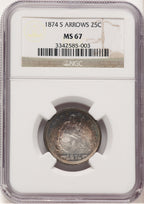 1874-S 25C ARROWS Seated Quarter NGC MS67