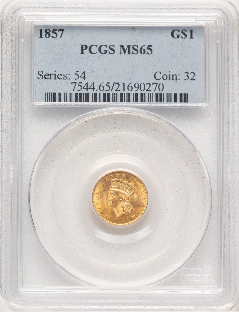 1857 G$1 Gold Dollar PCGS MS65
