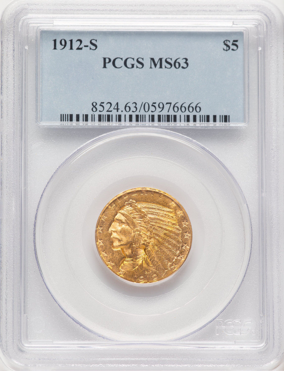 1912-S $5 Indian Half Eagle PCGS MS63