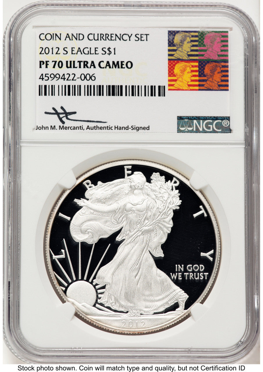 2012-S Proof Silver Eagle Coin & Currency Set 1 oz John Reagan Bust Art NGC PF70 Mercanti
